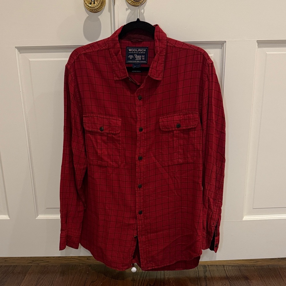 Woolrich Men's Red Plaid Flannel Shirt Size Large Heavy Cotton Outdoor